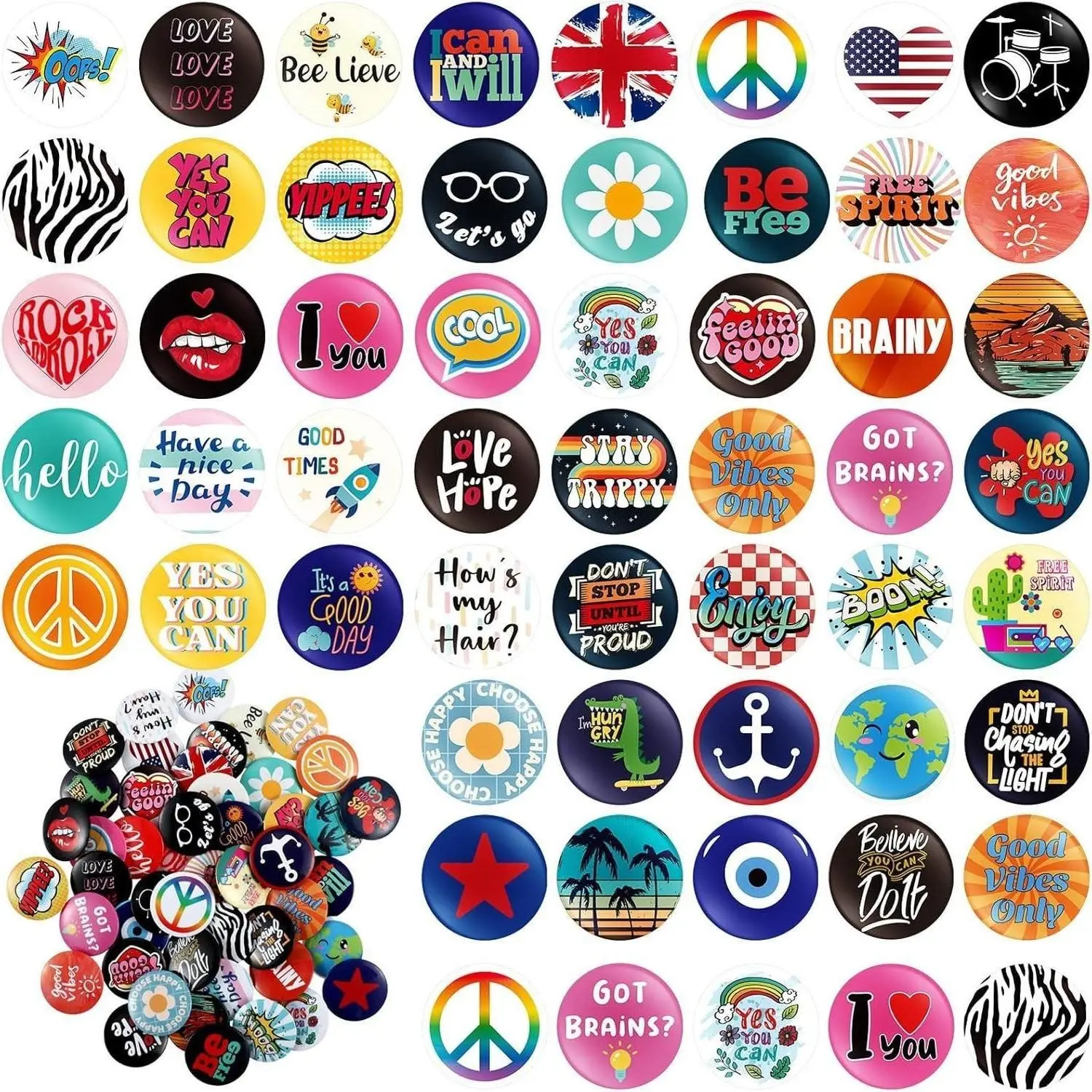 Retro Punk Graphic Brooches - 50 Pcs 1-in Casual Accessories with Unique Slogans & Cartoons for Backpacks, Jackets