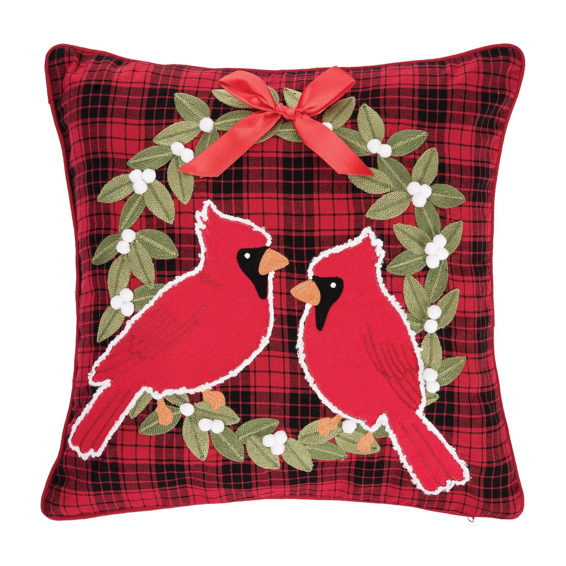C&F Home Cardinal Plaid Wreath Tufted Throw Pil low