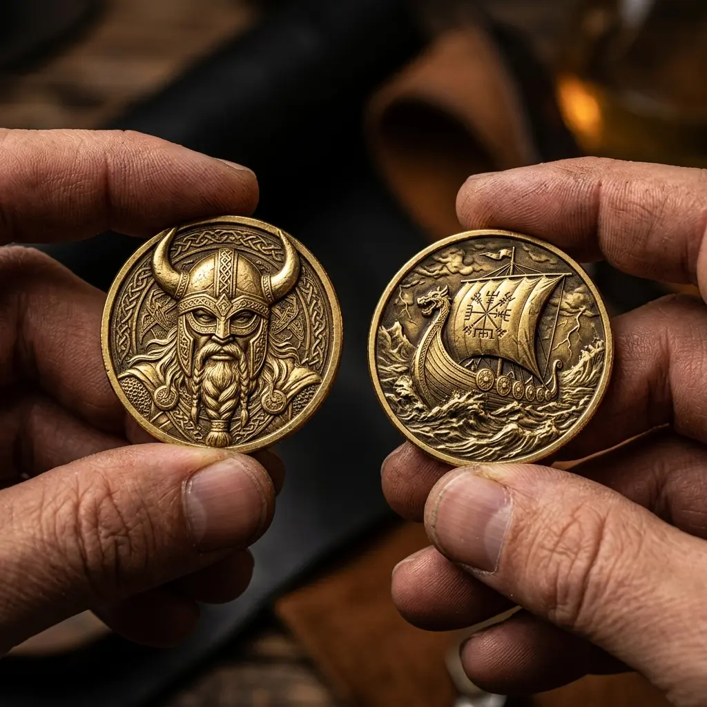 Double-Sided Viking Challenge Coin, Norse Warrior 3D Engraved Metal Coin, Nordic Mythology Collectible, Viking Heritage Commemorative Coin, Medieval Warrior Gift for Men Women