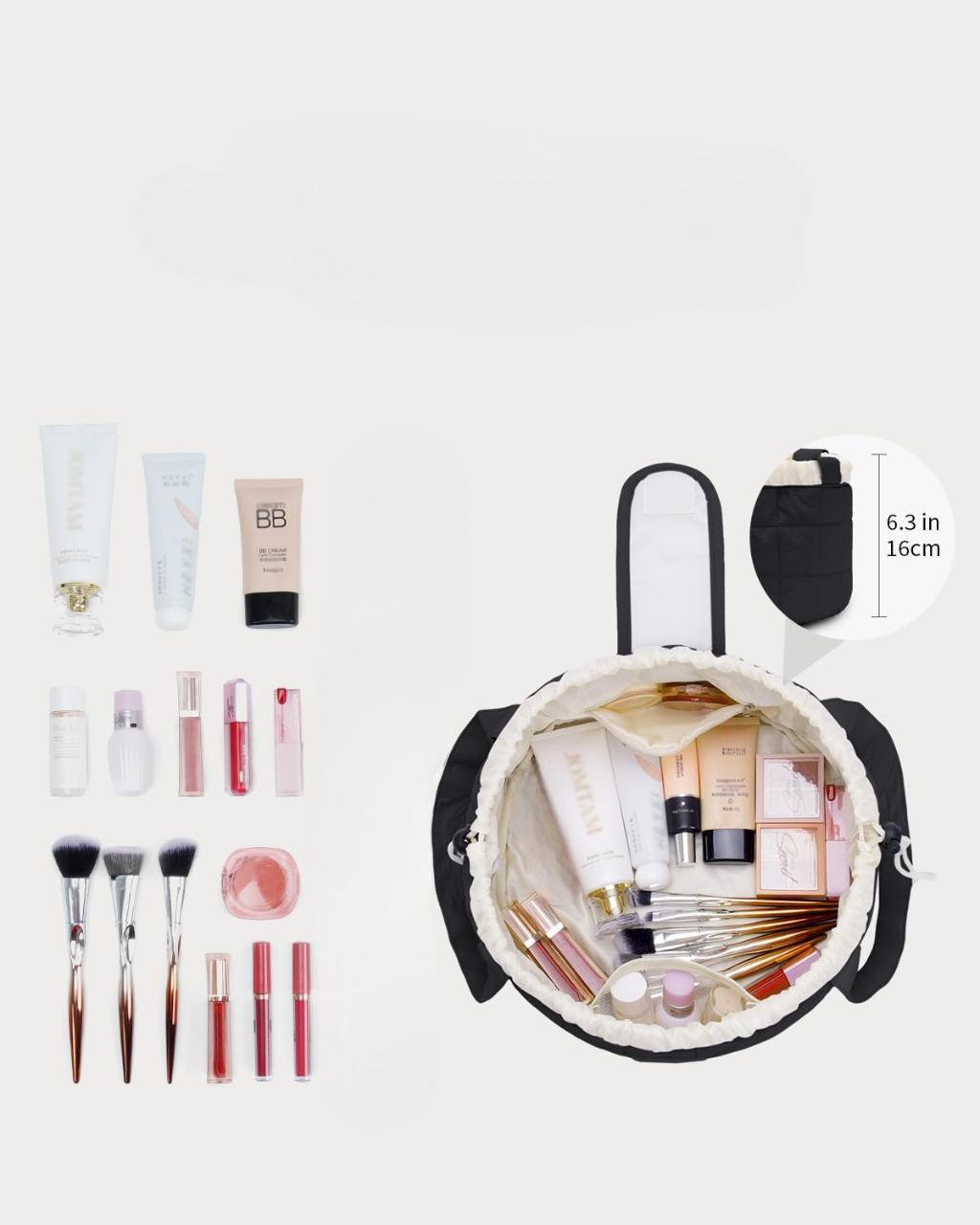 Lay Flat Open Drawstring Makeup Bag, Large Quilted Cosmetic Bag for Women Girls, Cute Make up Bags with Handle, Portable Travel Toiletry Bag for Skincare, Brushes & Travel Essentials (Black) Lay Flat Open Drawstring Makeup Bag, Large Quilted Cosmetic Bag for Women Girls, Cute Make up Bags with Handle, Portable Travel Toiletry Bag for Skincare, Brushes & Travel Essentials (Black)