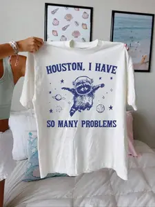 Houston I Have So Many Problems Raccoon Graphic T-Shirt, Funny Astronaut Raccoon Space Print Tee, Oversized 【100% cotton】 Shirt, Retro Vintage Casual Short Sleeve Top, Cute Sarcastic Space Lover Cotton Tee for Everyday Wear