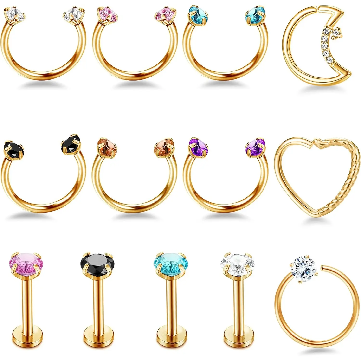 FUNRUN 16G Tragus Earrings Set 13PCS Stainless Steel Cartilage & Helix Piercing Jewelry | CZ Studs + Moon Heart Hoops | 8mm Multi-Purpose Body Jewelry for Women Cubic Zirconia