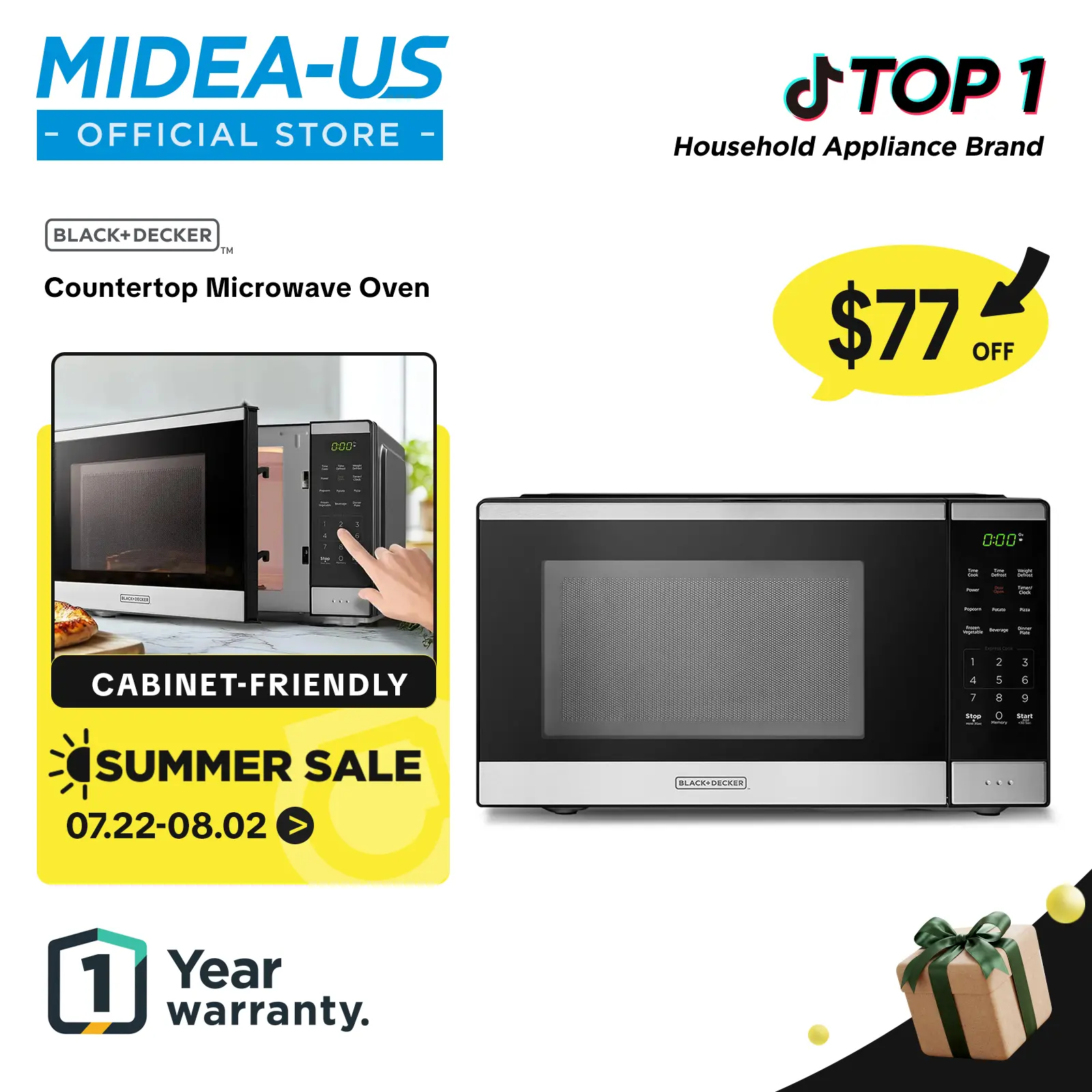 BLACK+DECKER 0.9 Countertop Microwave Oven,  gift, 0.9 Cu Ft, 6 Auto Menus, Child Lock, Memory Function, 10 Power Levels, Easy One-Touch Start, Digital Panel, Jumpstart, Gift, New Arrivals