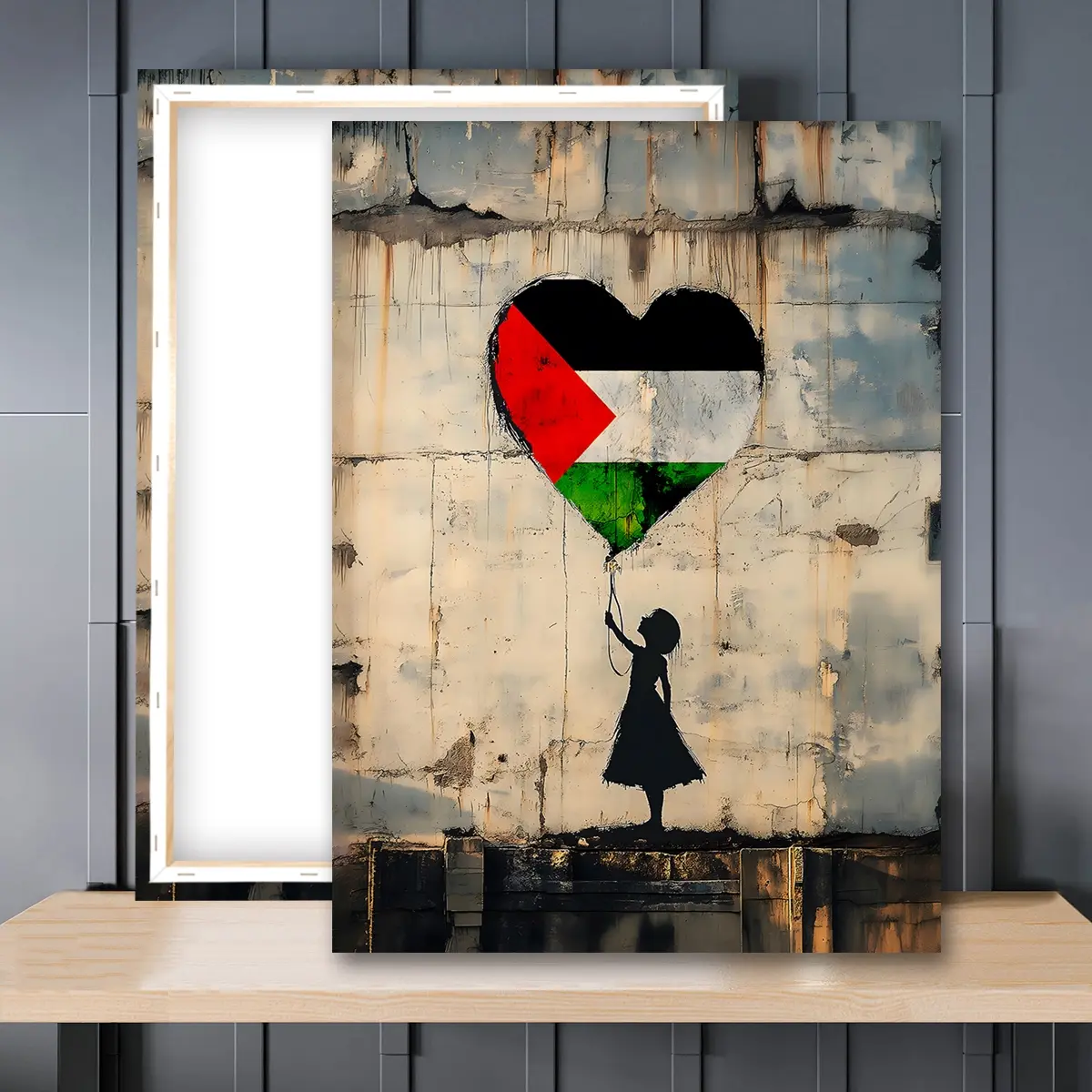 1pc Wooden Framed, Palestine Wall Art Canvas Painting, Street Art Poster, Palestine Flag, Gaza Wall Art, Graffiti art, Urban art decor, Wall Decor Pictures, Heart Design, Ideal For Home Decoration, Unique Artwork
