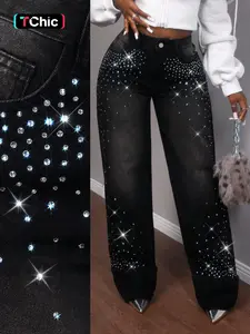 Women's Trendy Rhinestone Design Jeans, Spring New Elastic Comfortable Versatile Denim Jeans, Casual Fitted Plain Jean Trousers Pants