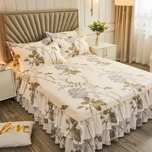 3pcs Elegant Flower Printed Macrame Bed Skirt Set - Non-Slip, Machine Washable