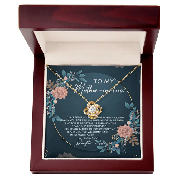 Love Knot Gold Pendant Necklace with Cubic Zirconia for Mother-in-Law, Thank You for Raising the Man of My Dreams Gift