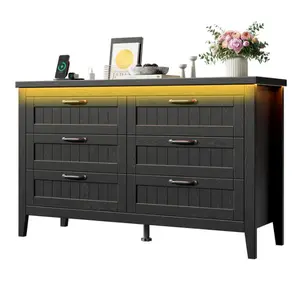 [FLASH SALE] Garvee 6 Drawer Dresser with Power Outlet, Black Dresser with LED Light, Modern Chest of Drawers for Closet, Double Wide Drawer Organizer Cabinet for Bedroom, Living Room 2 reviews