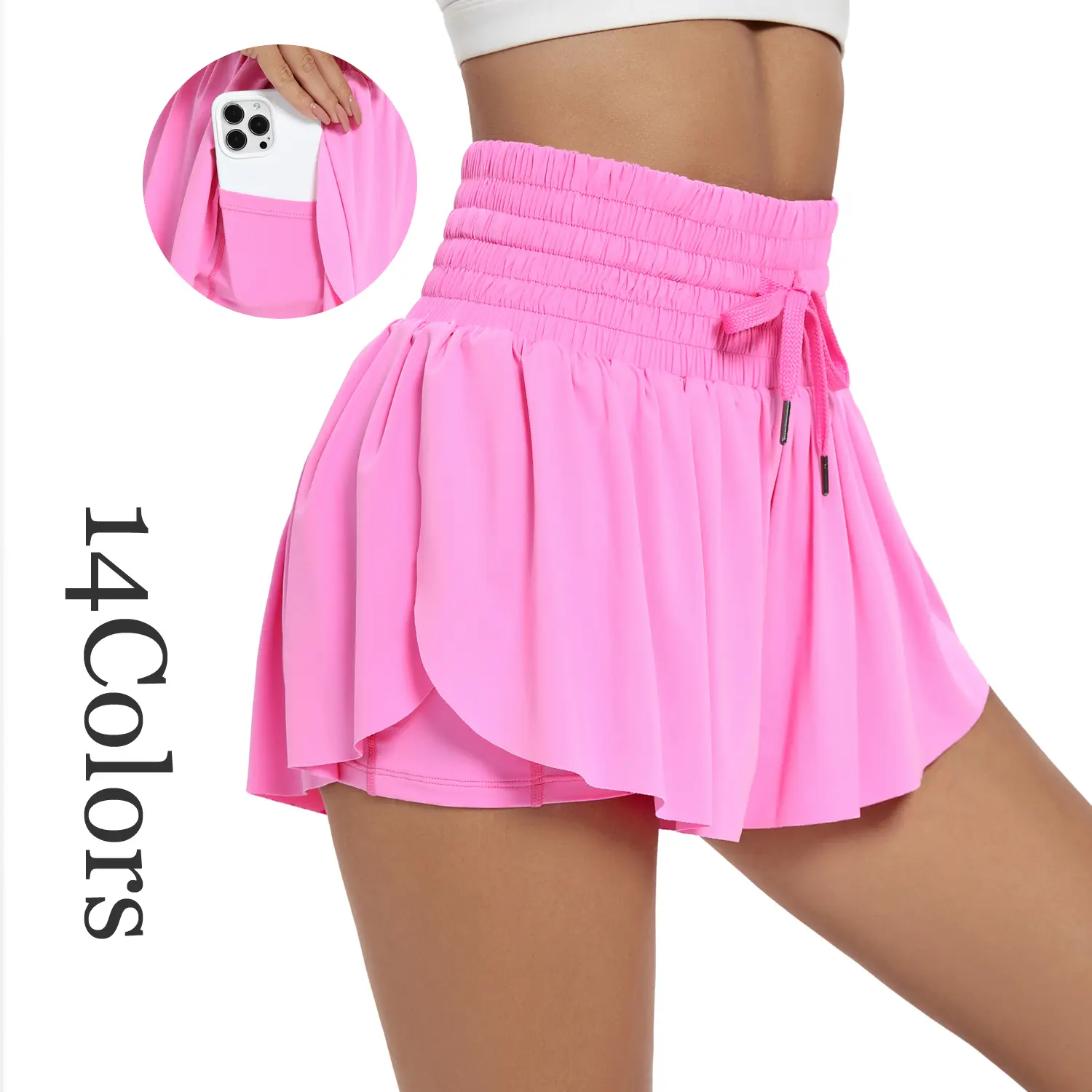 Women's High Waisted Tennis Skort, Elastic Smocked Drawstring Layered Flowy Running Shorts with Hidden Phone Pocket, Quick Dry Lightweight Athletic Golf Workout Skort for Daily Casual Wear