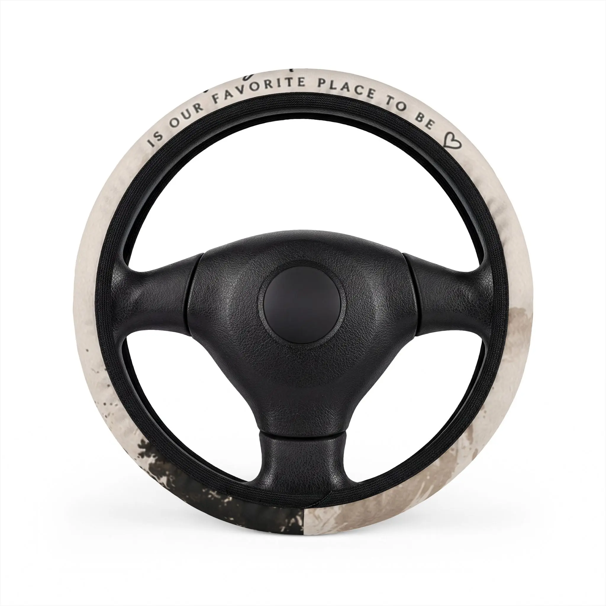 Custom Printed Steering Wheel Cover — Neutral Beige Photo-Print with "My Favorite Place To Be" Text