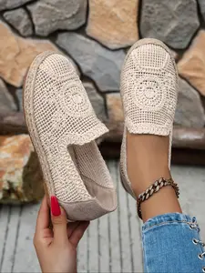 Women's Woven Rattan Platform Flats Slip Ons with Hollow Design and Rubber Sole, Unique Bohemian Style Casual Shoes for Spring & Summer, Outdoor Picnic & Camping Footwear