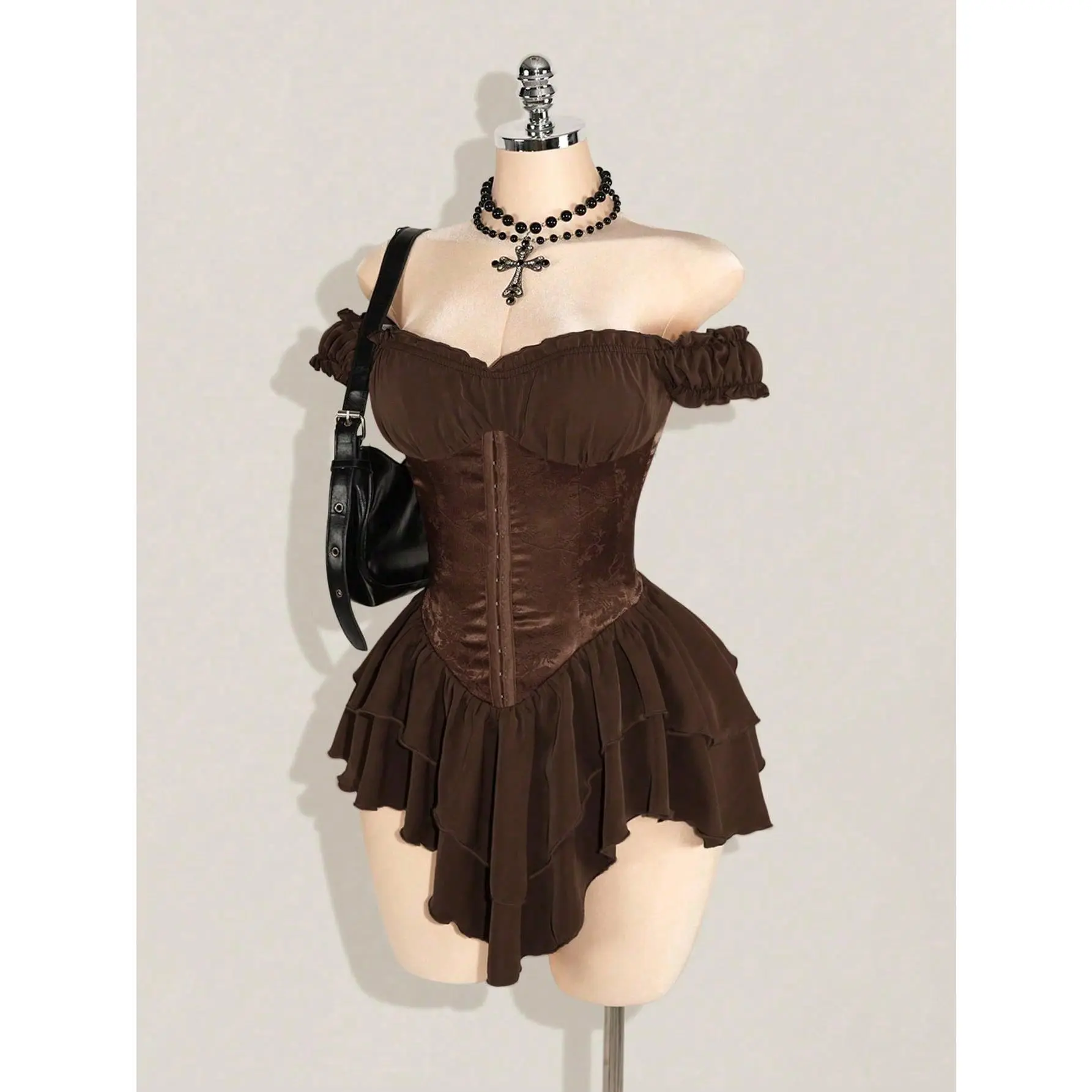 Women's Off-Shoulder A-Line Chiffon Mini Dress Gothic Clothes Ruched  Jacquard Ruffle Trim with Tie Waist, Elegant for Party