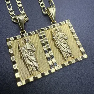 Pyrexta Jewelry St Jude Necklace 24 Inches 3mm Figaro Link Chain 14K Real Gold Plated for Male Female Anniversary Daily Engagement Birthday