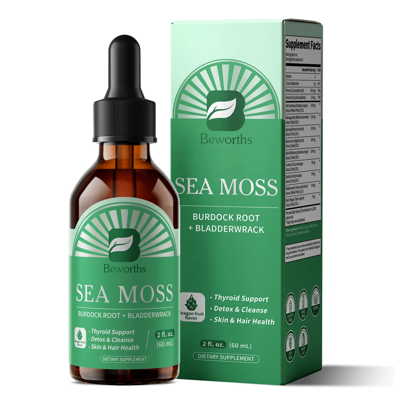 Sea Moss Liquid Drops - Organic Irish Sea Moss with Black Seed Oil, Burdock Root, Bladderwrack, Elderberry, Vitamin C, D3 | 6X Stronger Seamoss Support Immune, Energy, Digestive, Hair Health - Vegan