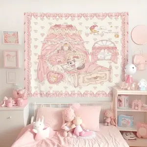 1pc Juminocore Wall Tapestry Durable Decorative Tapestry for Bedroom Room Teen Girls Ballet Coquette Tapestry Floral Pink Tapestries Cutecore Room Decor Floral Designs Cute Aesthetic Hanging Art Tapestrys (Cat Day Dream)