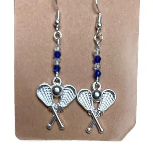 Handmade Lacrosse Charm Dangle Earrings with Blue Beads and Silver Racquet Charms for Lacrosse Enthusiasts