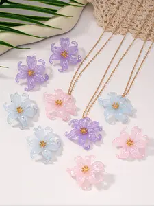 New Unique Design Light Color Large Flower Pendant Necklace Earrings Set, Sweet Cute Petal Jewelry for Women Daily Wear