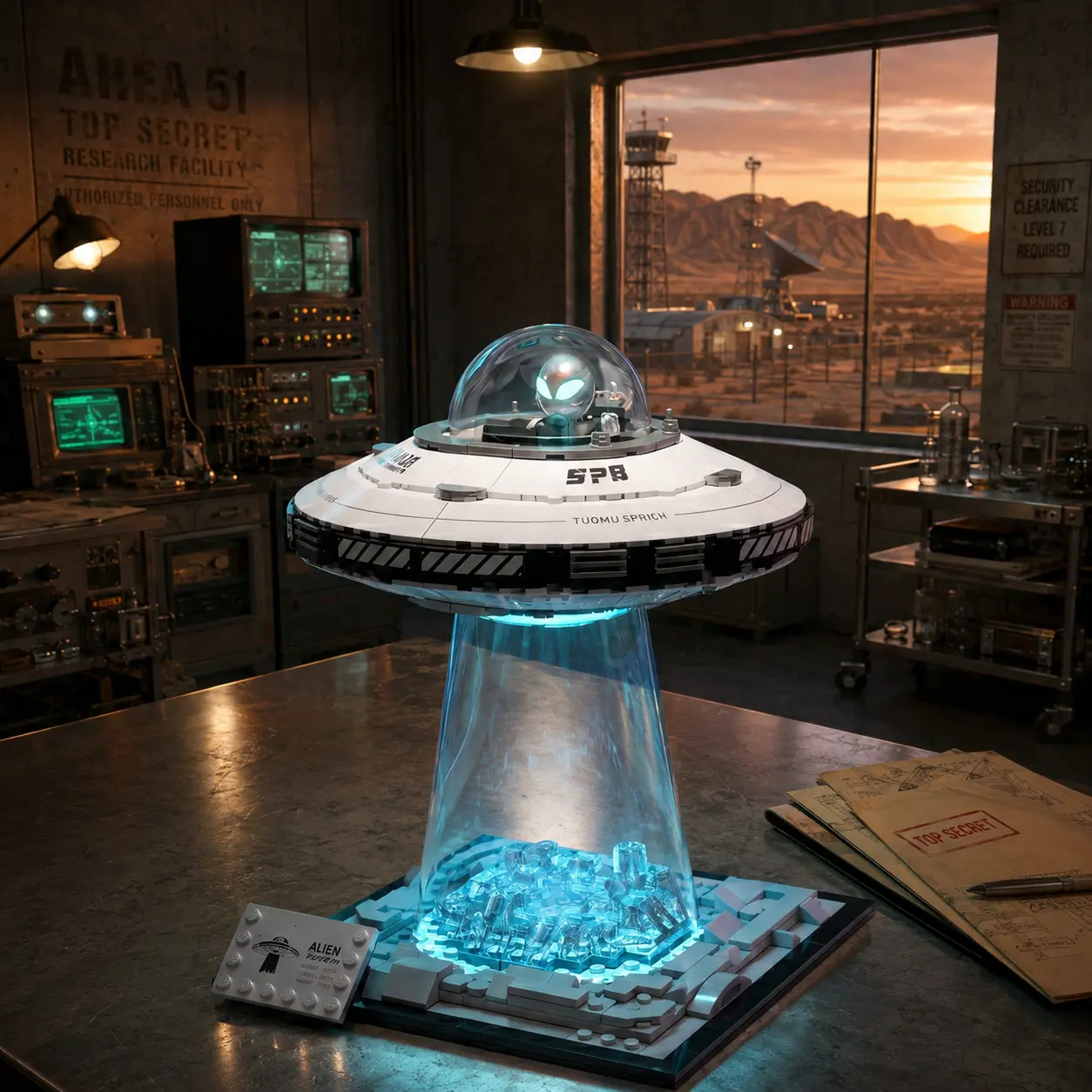 Viral Alien UFO Building Blocks, Moving Flying Saucer with Light Beam Effect, Mechanical Space Construction Set, Cool Tech Toy & Desktop Display