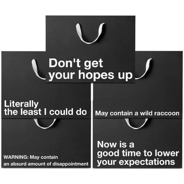 MilkToast Brands Funny Gift Bags, 16" x 6" x 12" Size, 5-Pack Set with Assorted Sarcastic Phrases, Large Black Kraft Paper Bags for White Elephant Gifts, Christmas, Holidays, Office Parties, Birthdays, Father's Day