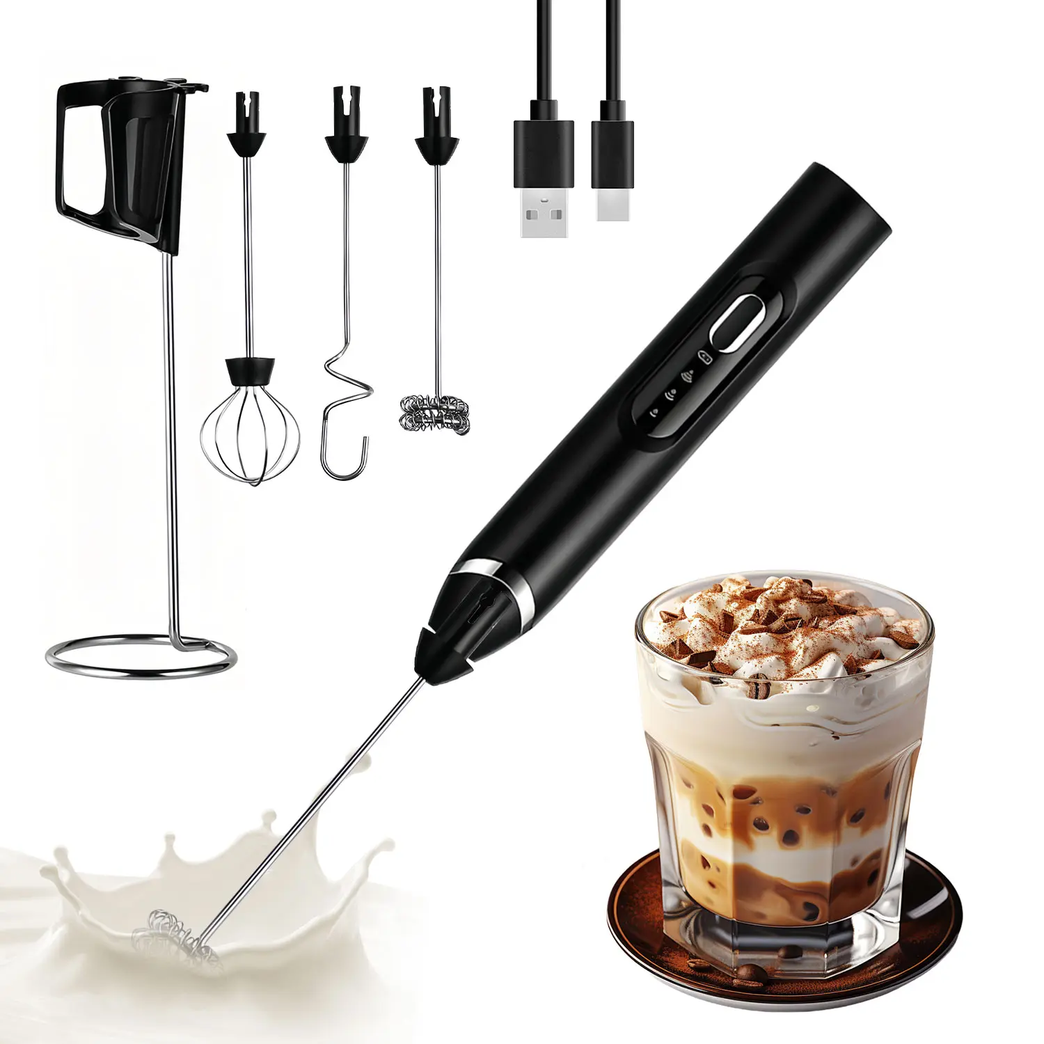 Upgraded Rechargeable Handheld Electric Milk Frother - Kitchen Drink Mixer with 3 Whisks, 3 Speed Settings & Storage Stand, Ideal for Lattes, Matcha, Eggs (Black) - Christmas Gift Option
