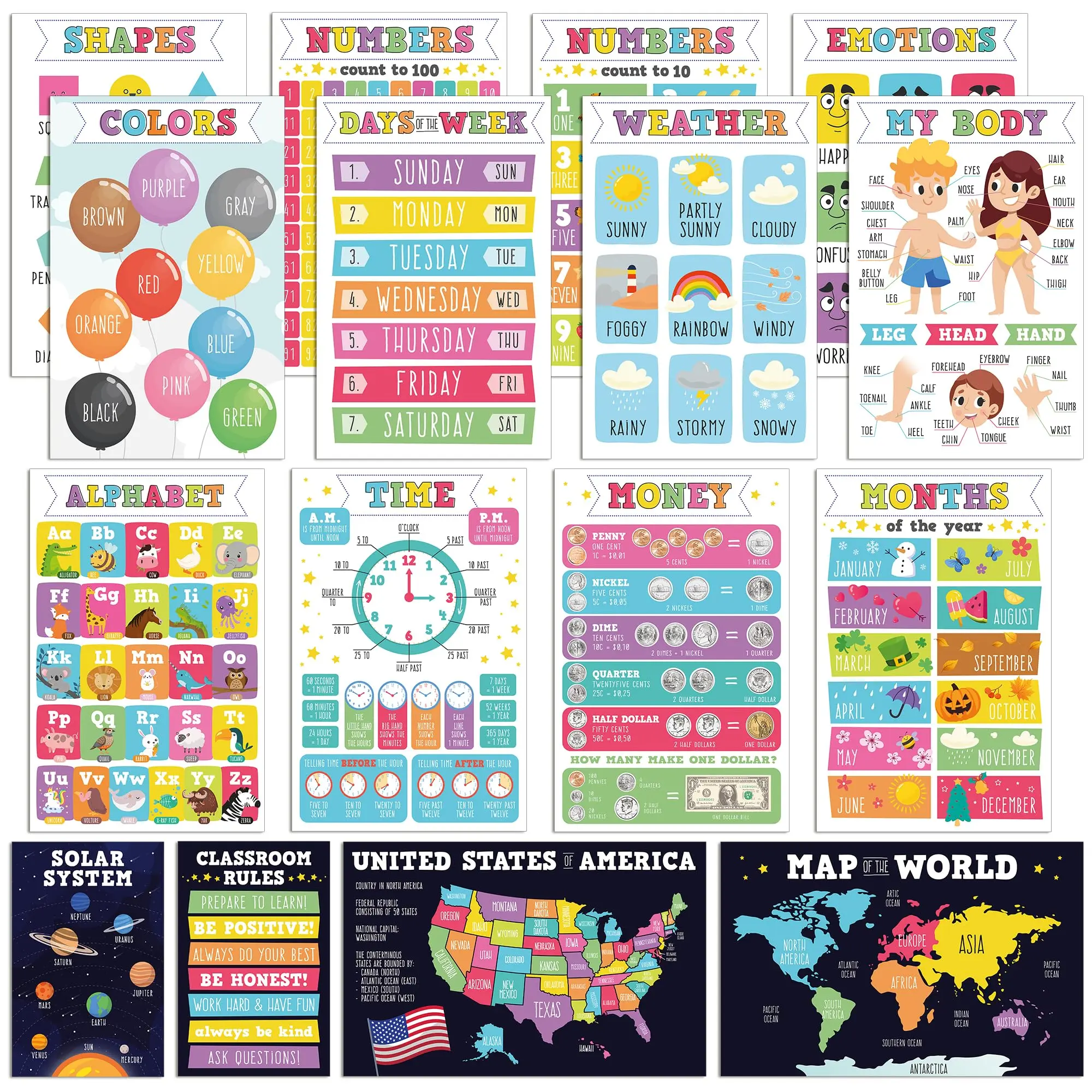 16-Piece Laminated Educational Writing Posters for Toddlers & Preschoolers - English-Spanish Double-Sided Charts with Days of the Week, 32 Designs, Classroom & Homeschool Supplies, 16 Pieces