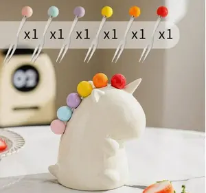 Unicorn Theme Fruit Fork Set Cute Set of 6 Stainless Steel Fruit Forks with Storage Jar for Parties Gifts Home Décor Fun Table Decoration