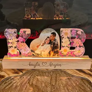 Custom Initial lamp  Personalized Handmade Resin Light With Natural Flowers 3D Lamp With Photo Frame Gift for Couples Birthday Christmas Present