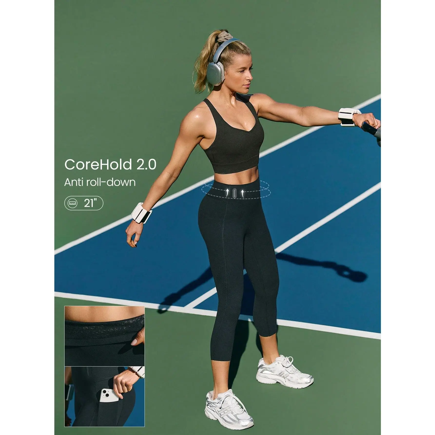 GLOWMODE 21" FeatherFit-Sculpt Slay The Sweat Compressive Anti-Roll Tummy Control No Front Seam Side Pockets Leggings Training Running Workout Gym