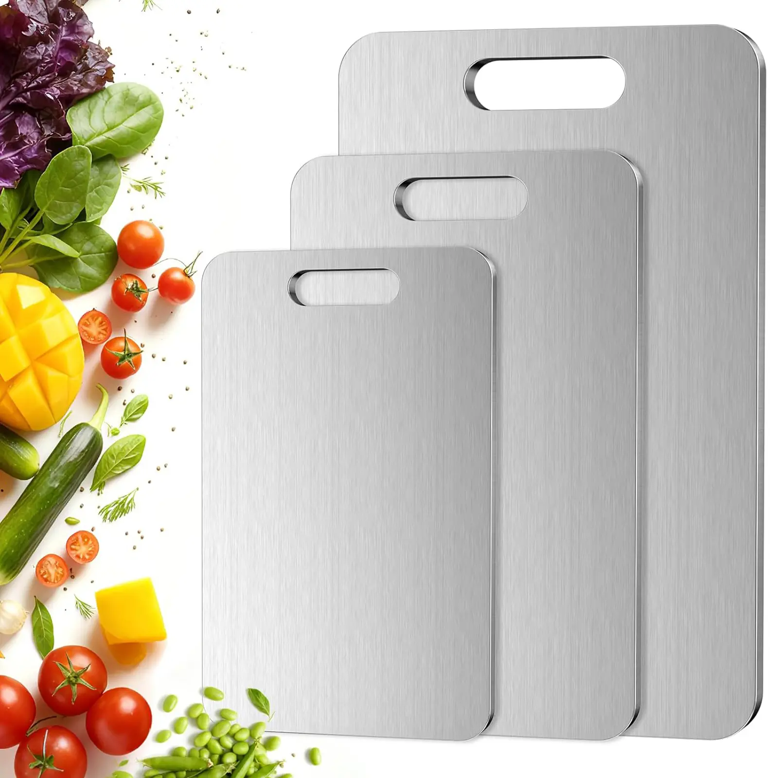 Stainless steel Cutting Board Set of 3,100% Pure Stainless steel Cutting Boards for Kitchen, Double Sided Food-Grade Chopping Board for Cutting Meat Vegetable Fruit, Dishwasher Safe