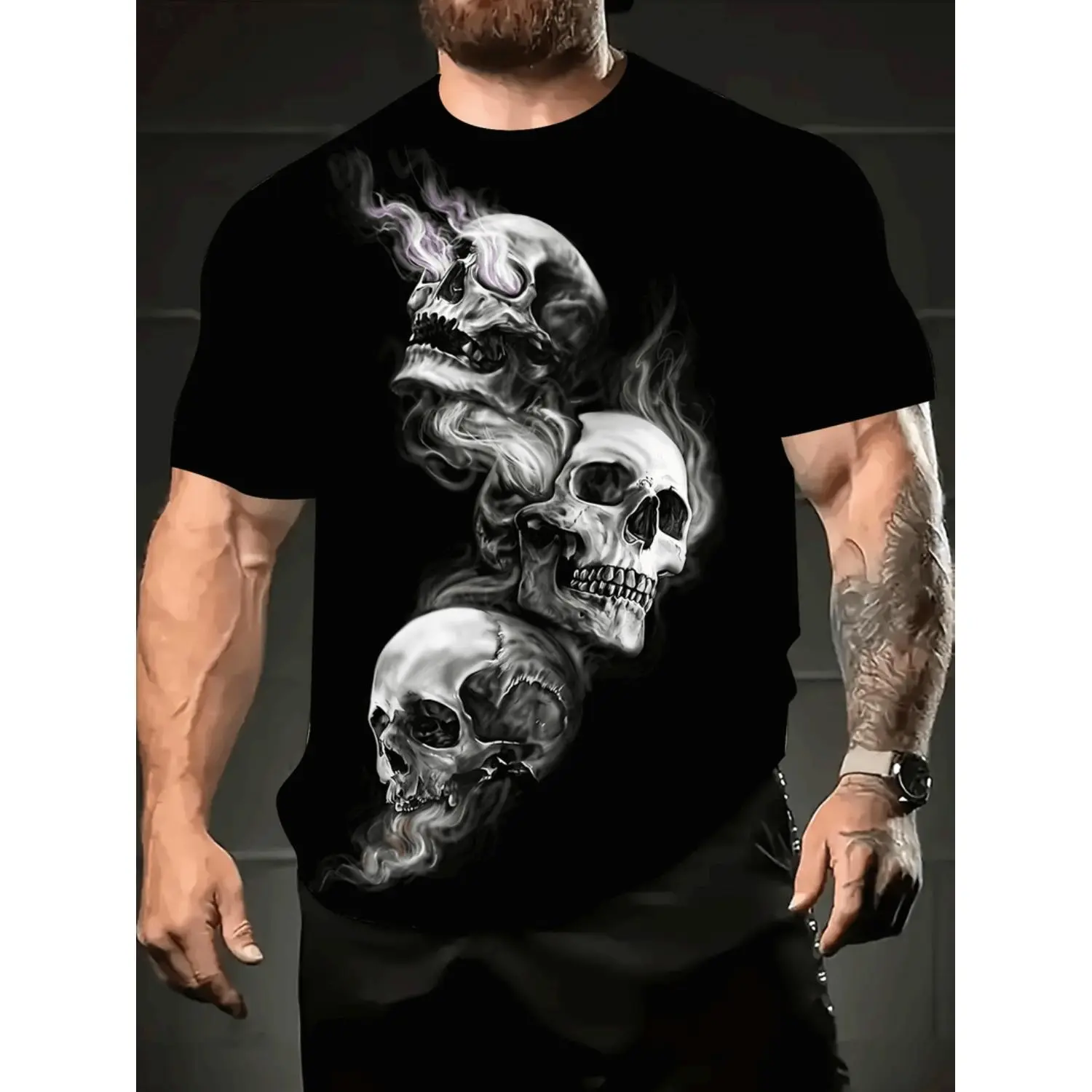 Edgy 3D Skull Print Men's Summer T-Shirt - Breathable Polyester Blend, Tropical Style, Available in Sizes S-XXL