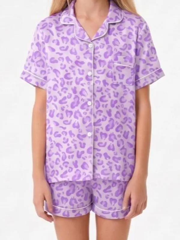 Girls Pajamas Silk Satin Sleepwear | Purple Leopard Print Short Sleeve Pjs Set | Kids Pyjamas for Girls Cute Button Down Loungewear Shorts 2 Piece | Toddler Girl Summer Clothes Soft Nightwear Birthday Gifts
