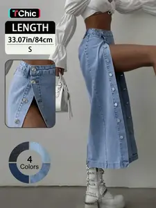 Elegant Women's Fashion Slim Fit Split Hem Single Button Denim High Waist Half-Length Skirt, Stylish and Comfortable Jean Dress, Womenswear, Fitted, Elegant Chic Skirt, Slit Hem Skirt