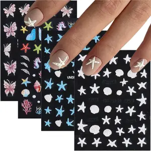 Summer Ocean Nail Stickers, Starfish Seashell Sea Horse Coral Nail Decals, 4 Sheets 5D Embossed Vacation Nail Art Stickers, Self-Adhesive Pegatinas Uñas, Beach Stickers Holiday Manicure springtok
