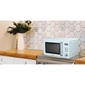 Retro Compact Microwave Oven with Button Control, 700W 5 Power Levels, 8 Auto Menus, Glass Turntable and  Safe Lock, 0. Cu Ft,  Blue