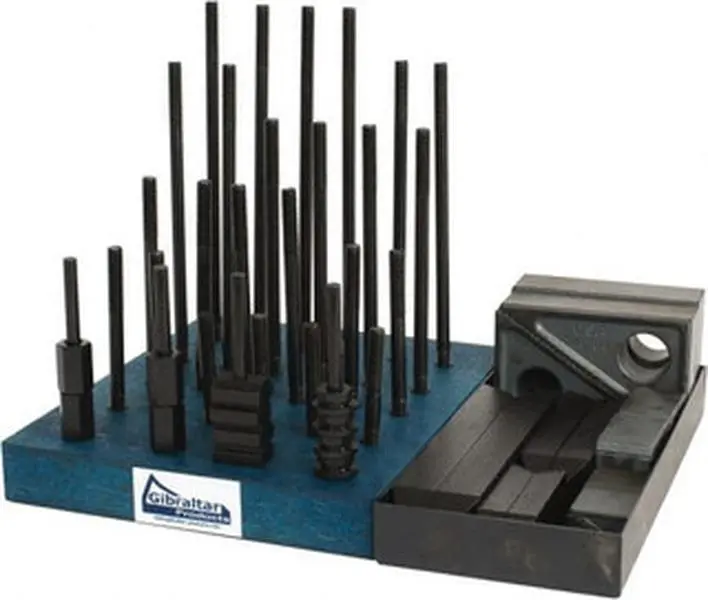 Gibraltar 50 Piece Fixturing Step Block & Clamp Set with 1" Step Block, 7/16" T-Slot, 3/8-16 Stud Thread 11/16" Nut Width, 3, 4, 5, 6, 7 & 8" Stud Lengths 20202G, Multi-Size, T-Slot Fit