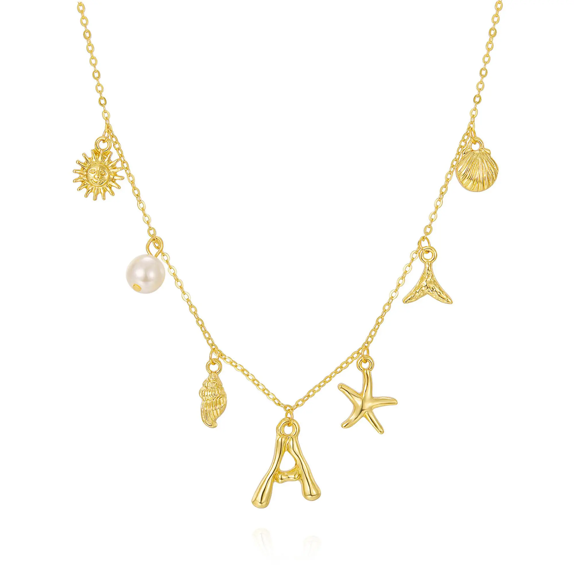 Initial Charm Necklace For Women Shell Letter Necklaces Gold Plated Charms Pendant Boho Summer Seashell Beach Starfish Surfer Jewelry Gifts