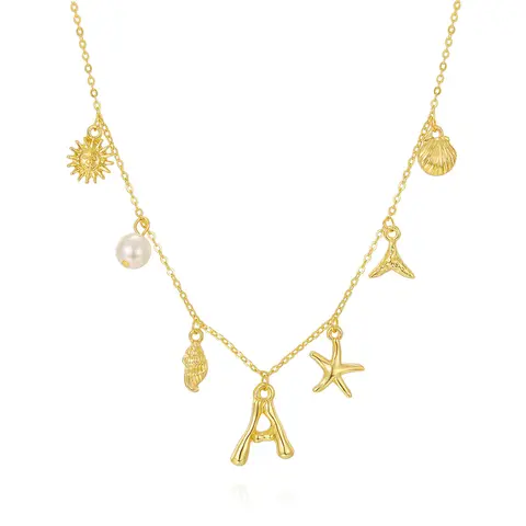 Women's Gold-Plated Initial Necklace - Dainty Shell Letter Charm Pendant, Boho Summer Beach Jewelry with Starfish Accents, Surfer Accessory Gift