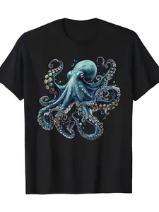 Vibrant blue octopus T-shirt-stylish black round neck design, unique underwater theme, showing stunning dark light blue tones, detail suction cups and bubble elements-comfortable s, Thanksgiving, breathable comfort, party look, Halloween