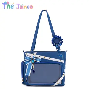 The Junco x Genshin Impact: Furina "Hydro Archon" Ita Bag | Fontaine Couture Navy Satin Tote with Heart Jewels | Cinematic 30x20cm Showcase Window for Pins | Fits 11" Laptop, Con-Ready Travel & School