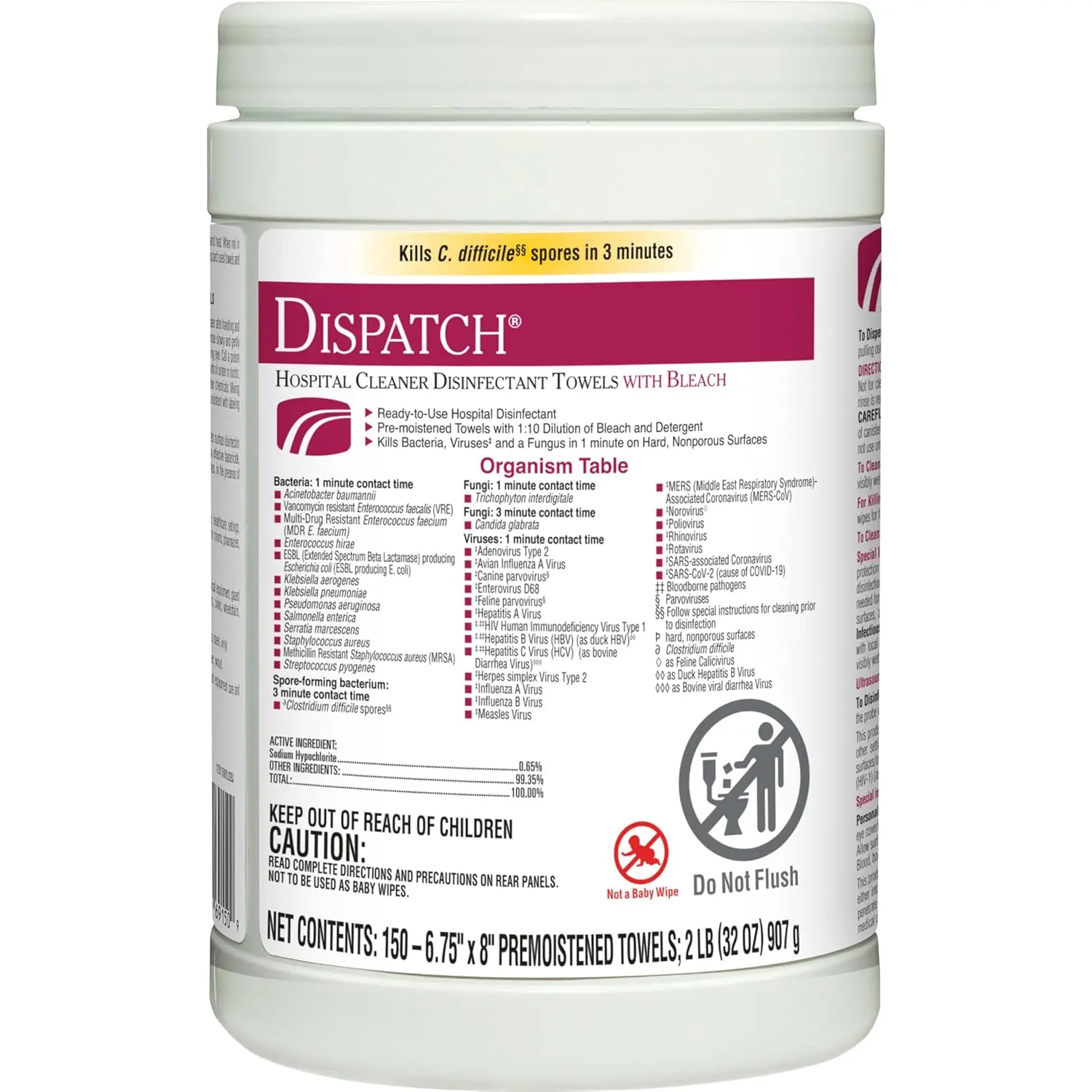 Hospital Cleaner Disinfectant Towels with Bleach, Healthcare Cleaning and Industrial Cleaning, Disinfectant Wipes, 150 Count - 69150
