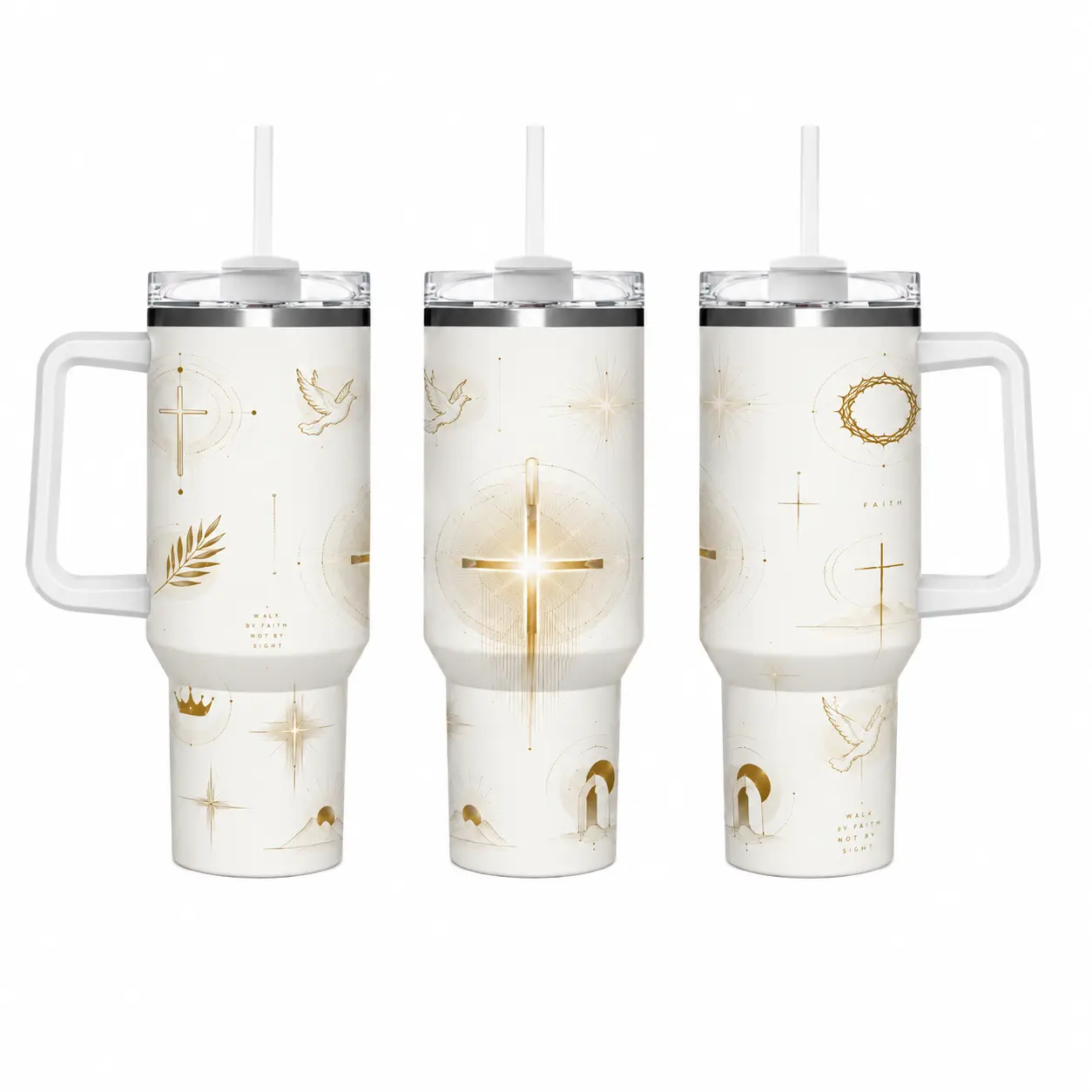 40oz Minimal Gold Line Christian Faith Symbol Insulated Tumbler With Handle, Cross Dove Crown Crown of Thorns Religious Pattern Stainless Steel Travel Mug, Double Wall Hot Cold Retention Spill Proof Straw Lid Cup For Church Inspirational Religious Gift