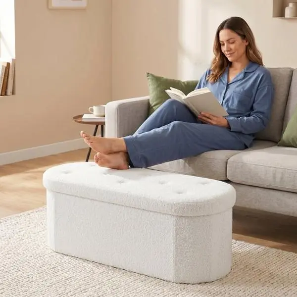 43" Folding Storage Ottoman Bench,End of Bed Bench with Hidden Stoarge Compartment,White Teddy Fabric Upholstered Ottoman Foot Rest,Storage Chest for Entryway Livi g Room