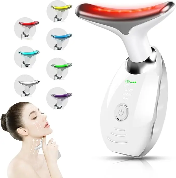 2025 New Face and Neck Massager Tool, 7 Colors LED Womens Skin Care Facial Massager for Skin Rejuvenation, Lifting, Toning, Glow Boost-White tiktokshopspringglowup