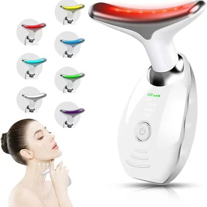 7-Color Face & Neck Massager Skin Care Tool - USB Rechargeable Facial Device with Vibration, Thermal, Soothing, ABS, Deep Massage, Anti-Wrinkle Lifting, At-Home Facial Sculpting Self Care Product (White)