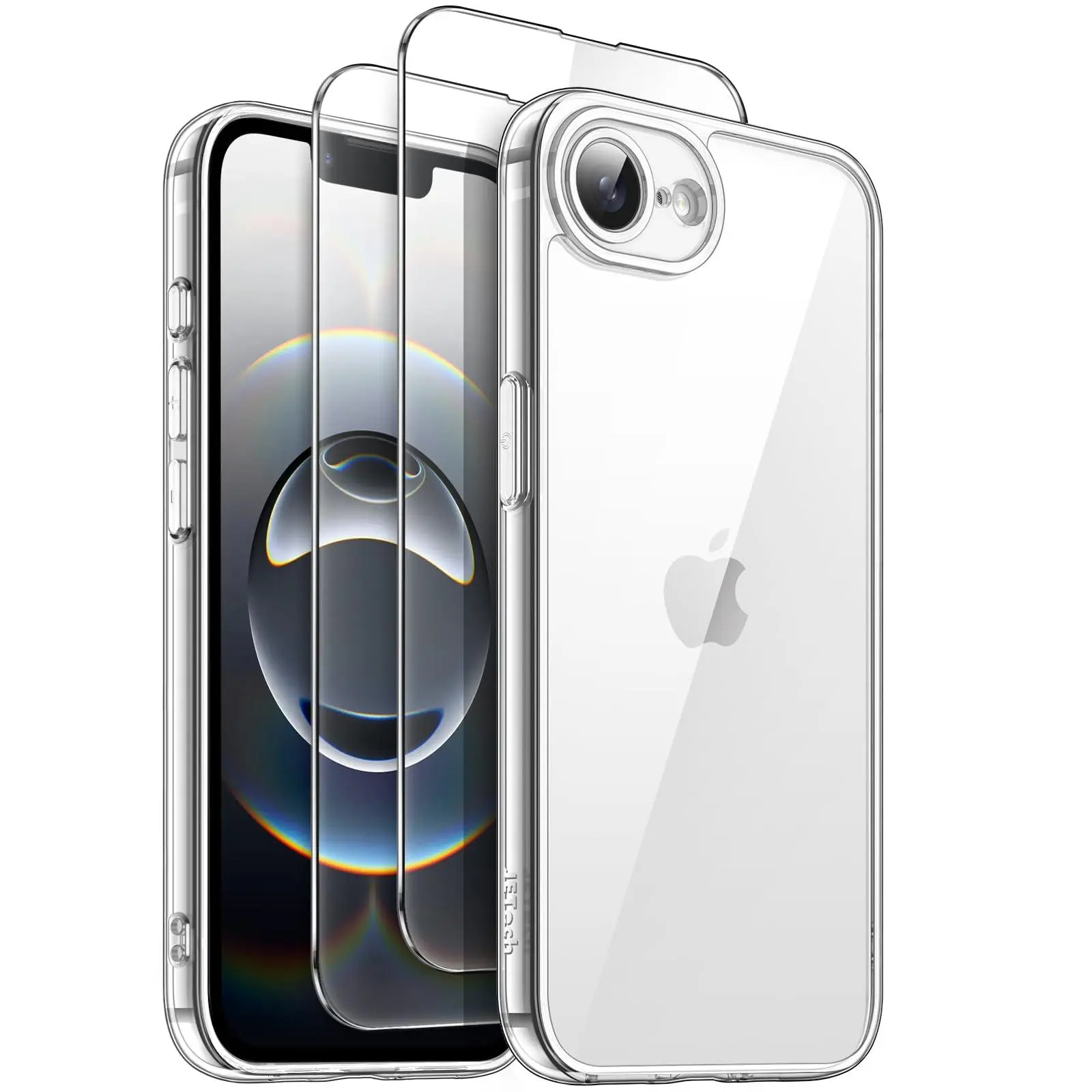 JETech 3-in-1 Crystal Protection Smartphone Case for 6.1-Inch iPhone 17e/iPhone 16e, Handheld Cellphone Shockproof Bumper Cover, Non-Yellowing, with 2-Pack Tempered Glass Screen Protectors, Wireless