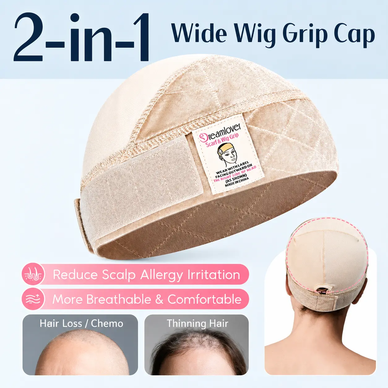 Summervibes Dreamlover 2-in-1 Non Slip Wig Caps with Velvet Wig Grip Band for Women, Wide Wig Grip Cap for Glueless Wigs