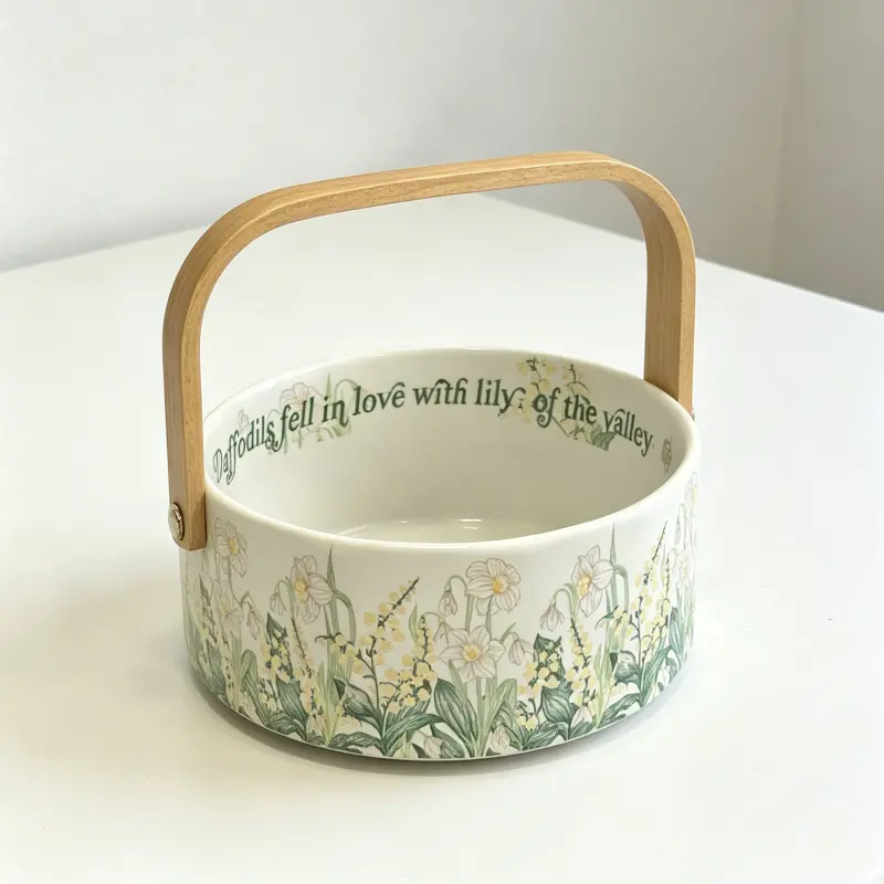 Retro Lightweight Floral Bellflower & Lily of the Valley Print Ceramic Fruit Basket, Smooth Wood-Accented Home Organizer with Gift Box & Gift Bag, Kitchen Snack Storage Tray, Bellflower Basket + Gift Box + Gift Bag