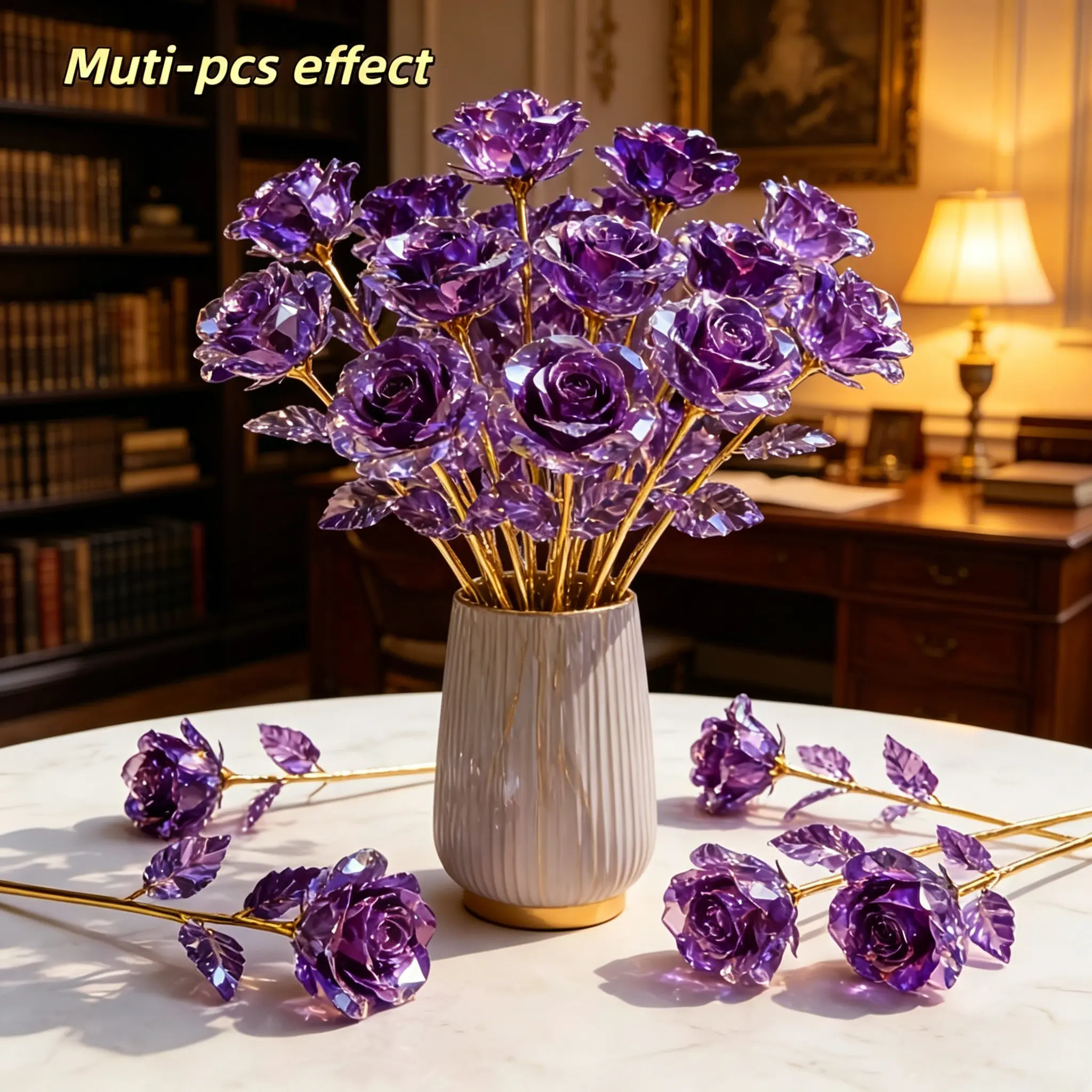12pcs 24K Dipped Gold Foil Artificial Rose Bouquet - Handcrafted, Maintenance-Free Blue Flowers with Glass Shiny Pink Glitter, Home Decor Decoration, Perfect for Mother's Day Wedding Gifts