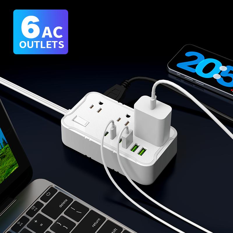 6.5FT/10FT/15FT extension line power board, 1pc 12-in-1 power board/power socket/power strip, 6 AC sockets, maximum power of 1250.W, 10A, 3 USB 3Type-C, suitable for home, office, travel and computer.