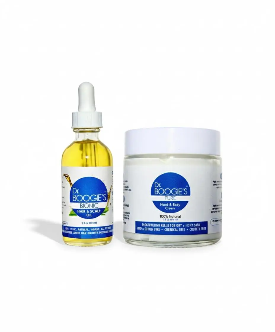 Dr. BOOGIE’S Nourishing Skin & Body Care Bundle: Bionic Hair & Scalp Oil (2 oz) + PURE Multipurpose Blend Lotion (4 oz) – Smooths, Moisturizes, Conditions Hair, Scalp & Skin